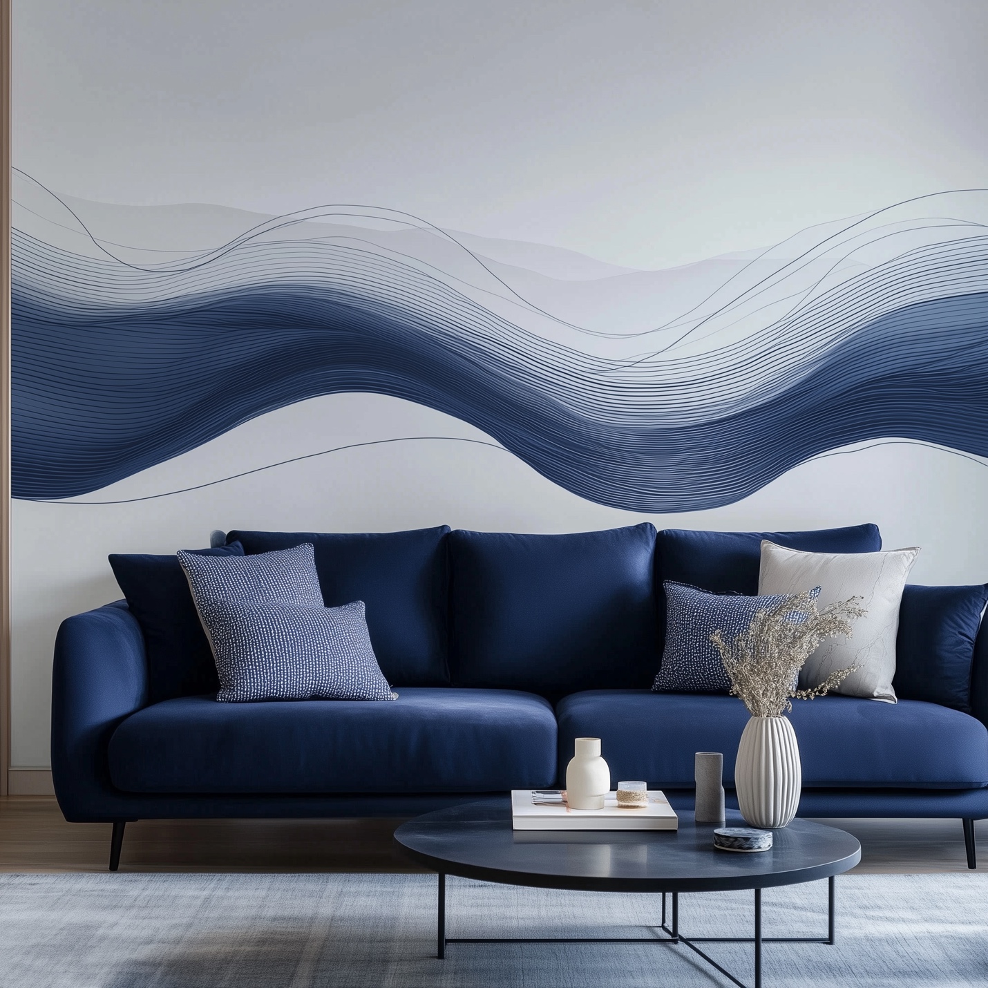 A blue couch with a coffee table and vases with a wallpaper accent wall.