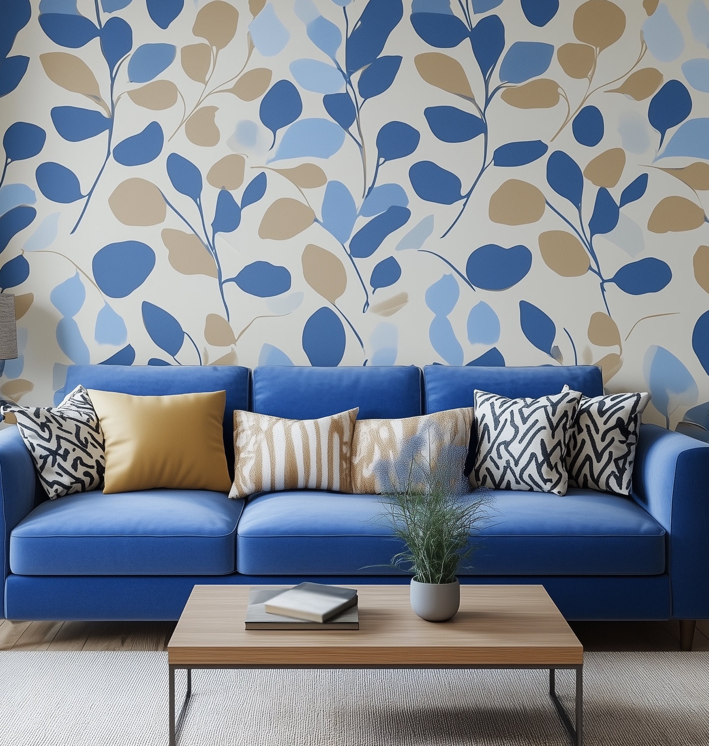 A blue couch with pillows in front of a wallpaper accent wall with a plant floral.