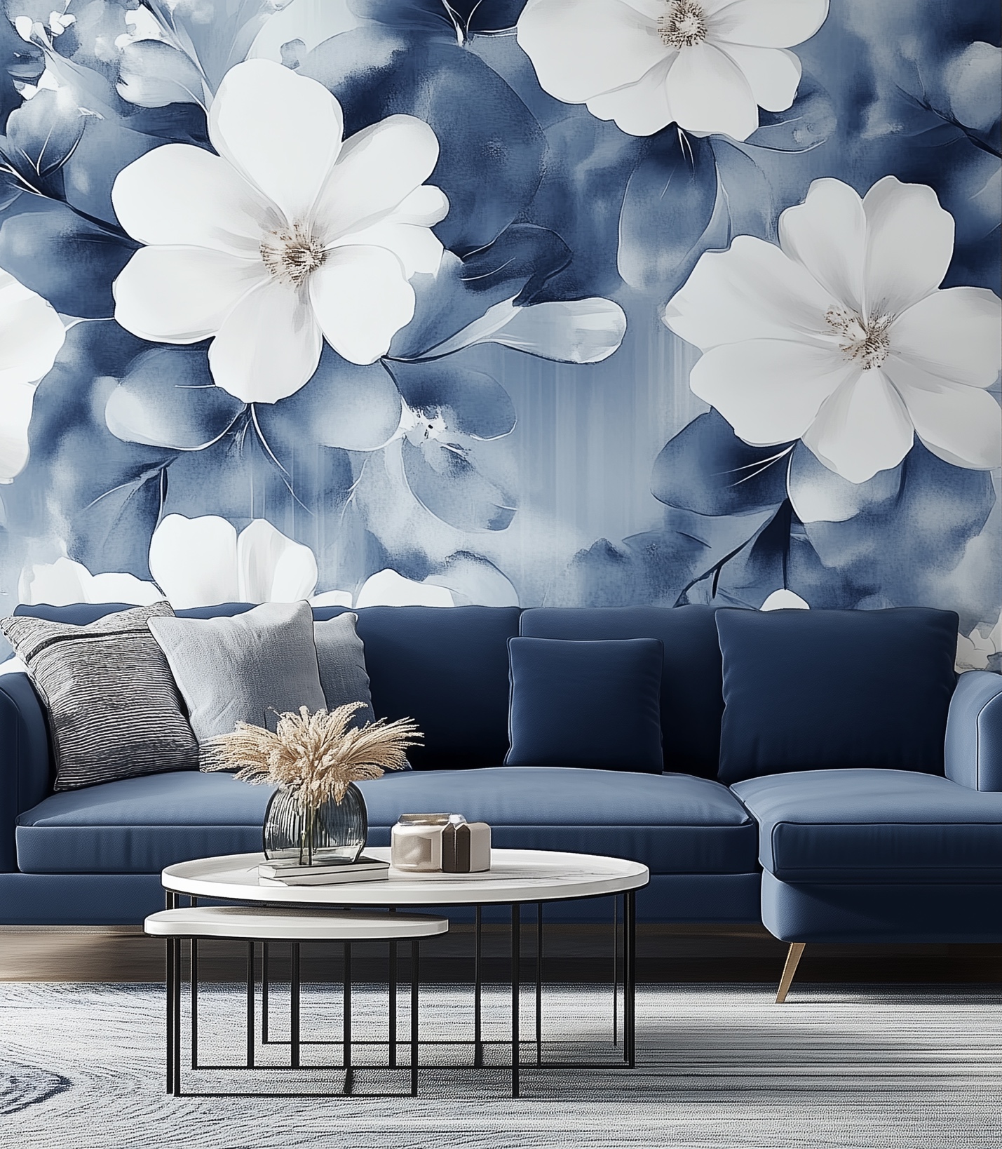 A blue couch with white flowers on the wall AI-generated content may be incorrect.