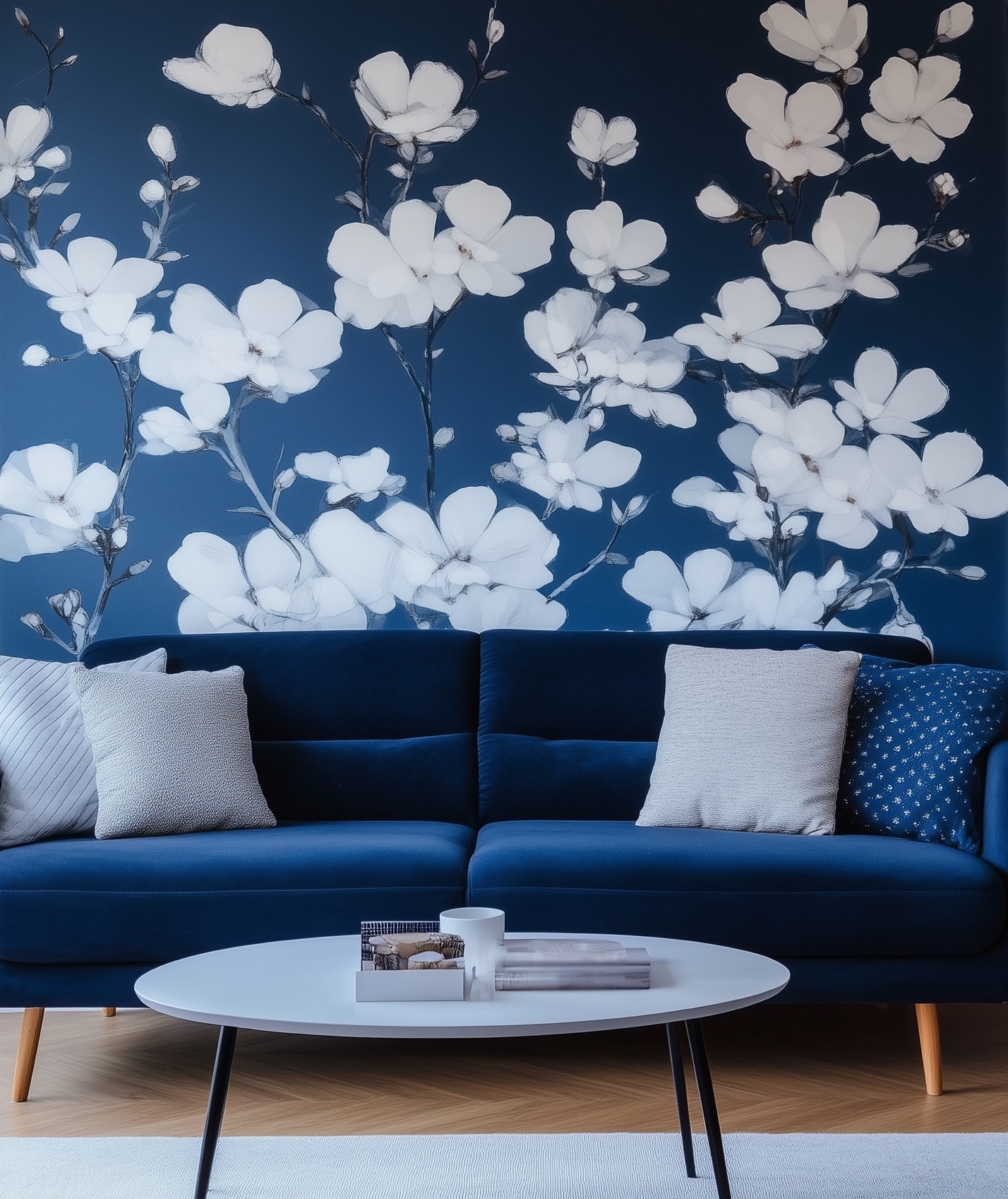 A blue couch with white flowers on the wall with a wallpaper accent wall.