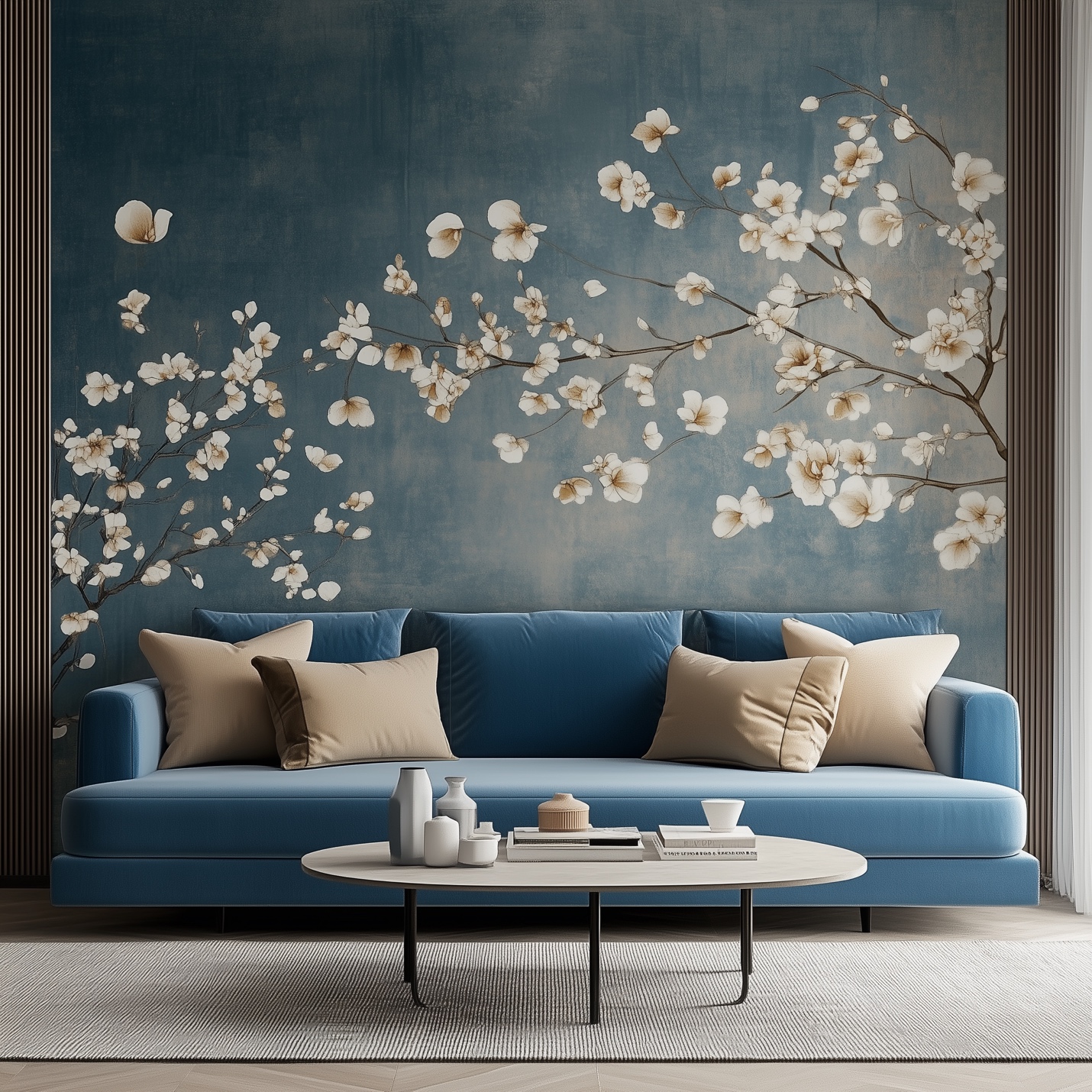 A blue couch with white flowers on a wallpaper accent wall.