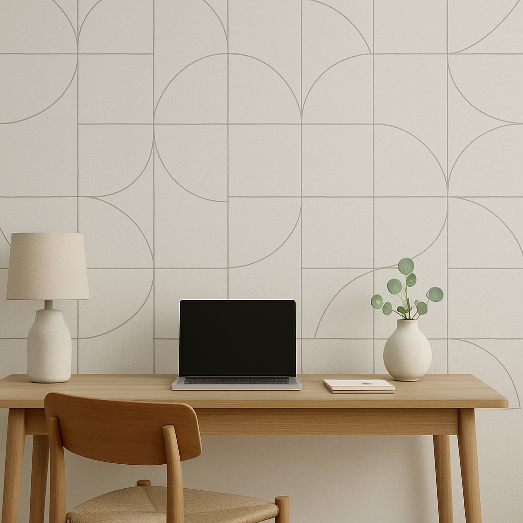 A computer on a desk with a wallpaper accent wall.