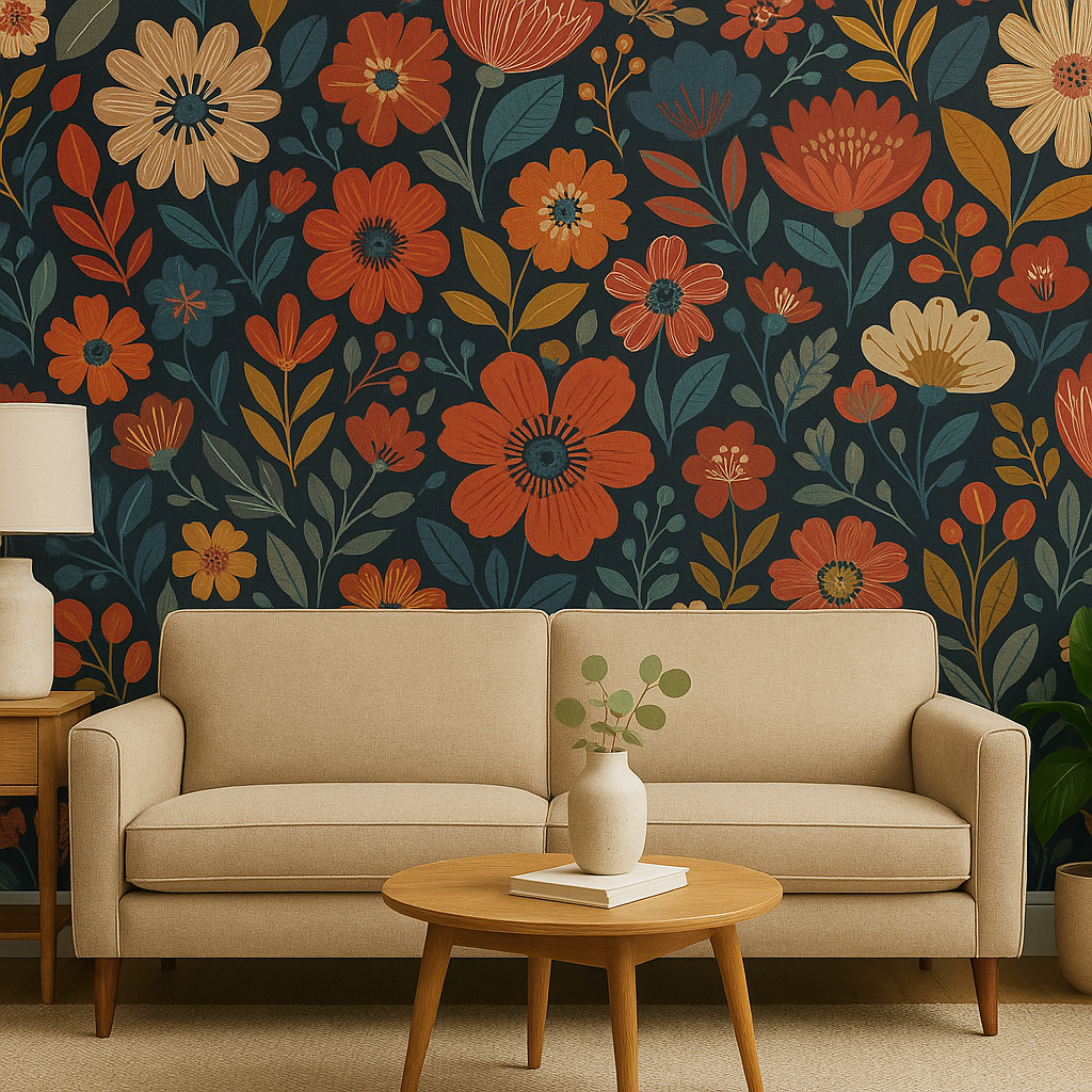 A couch and a table in front of a wall with flowers with a wallpaper accent wall.
