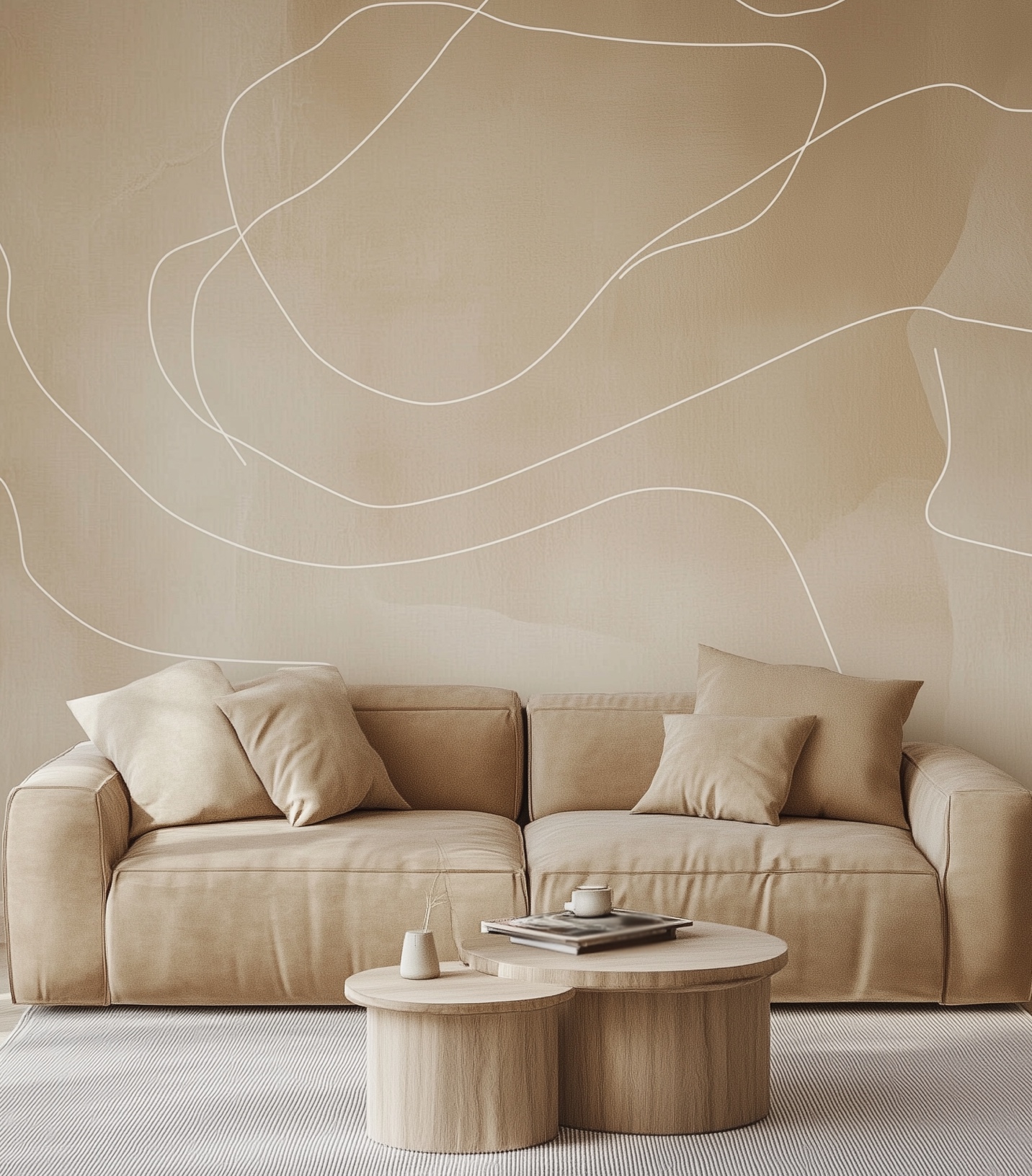 A couch and coffee table in a room with a wallpaper accent wall.