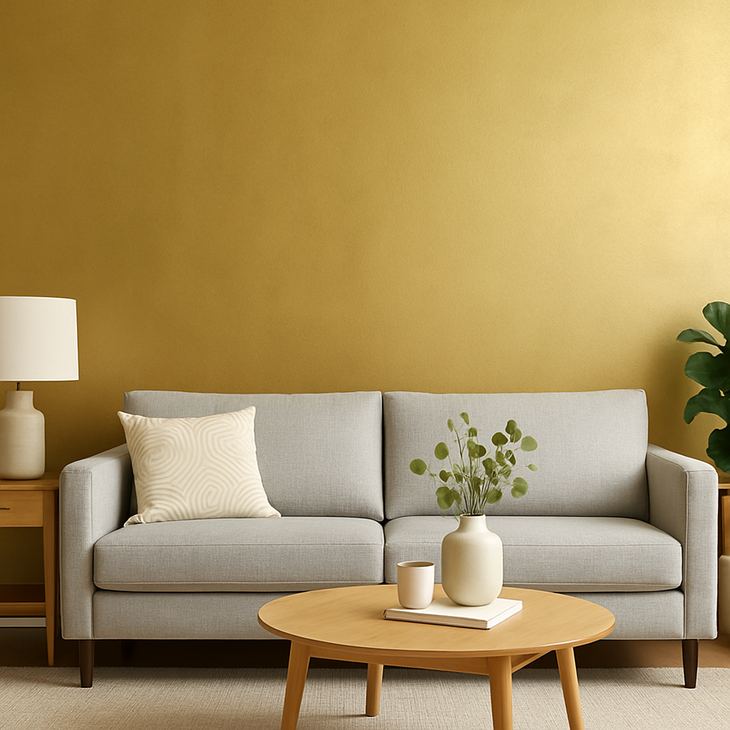 A couch and table in a room with a wallpaper accent wall.