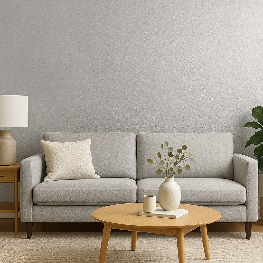A couch and table in a room with a wallpaper accent wall.
