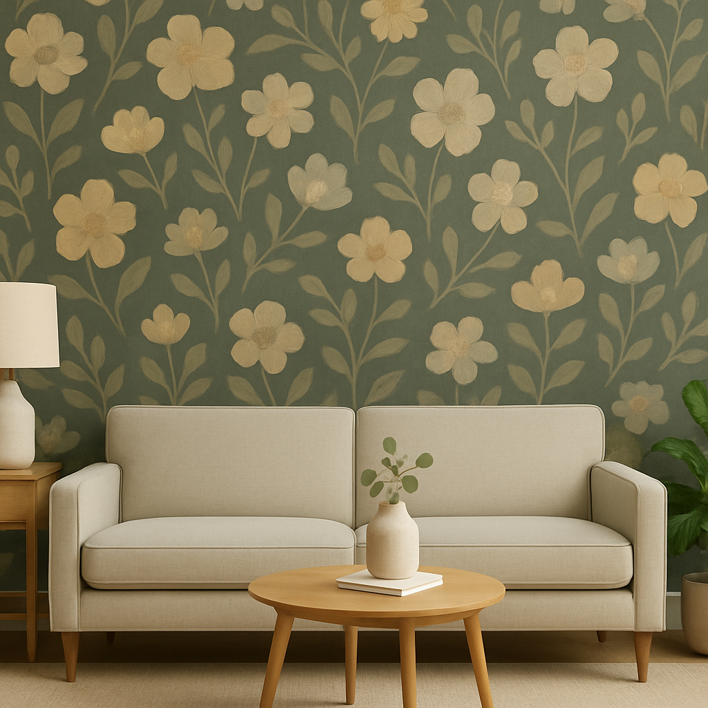 A couch and table in front of a wallpaper accent wall with flowers.