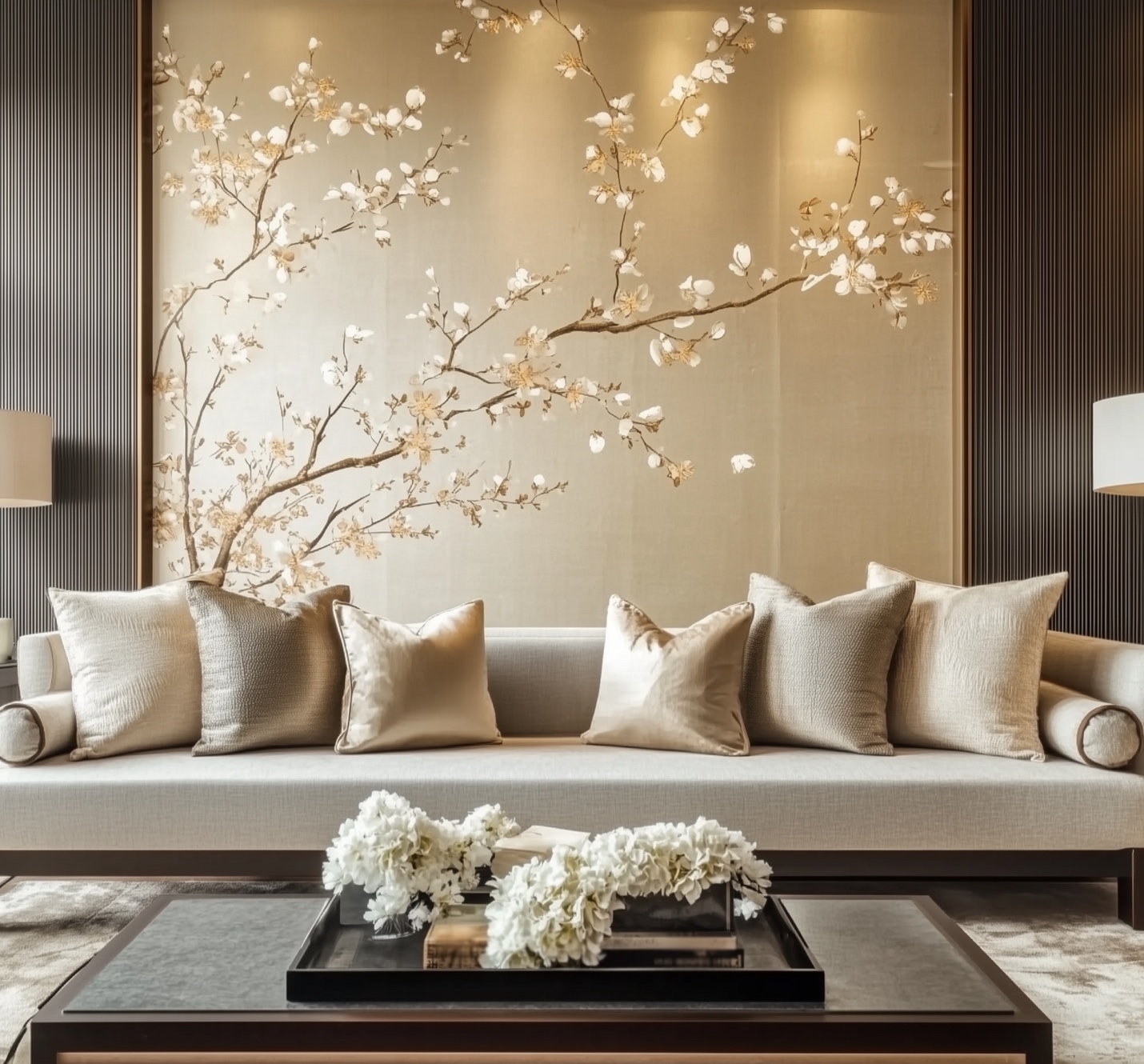 A couch in a room with a wallpaper accent wall.