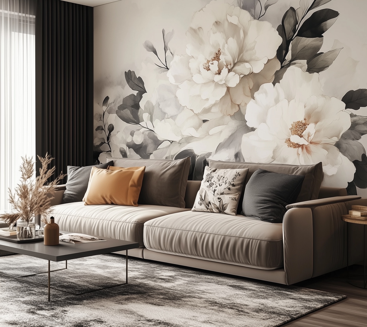 A couch with a wallpaper accent wall floral mural on the wall