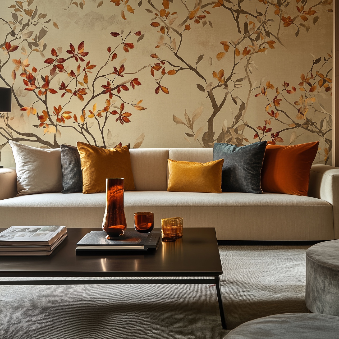 A couch with pillows and a coffee table with a floral wallpaper accent wall.
