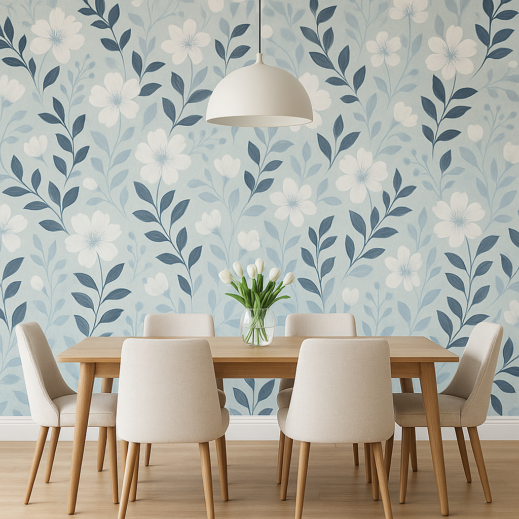 A dining table with chairs and a lamp with a wallpaper accent wall.