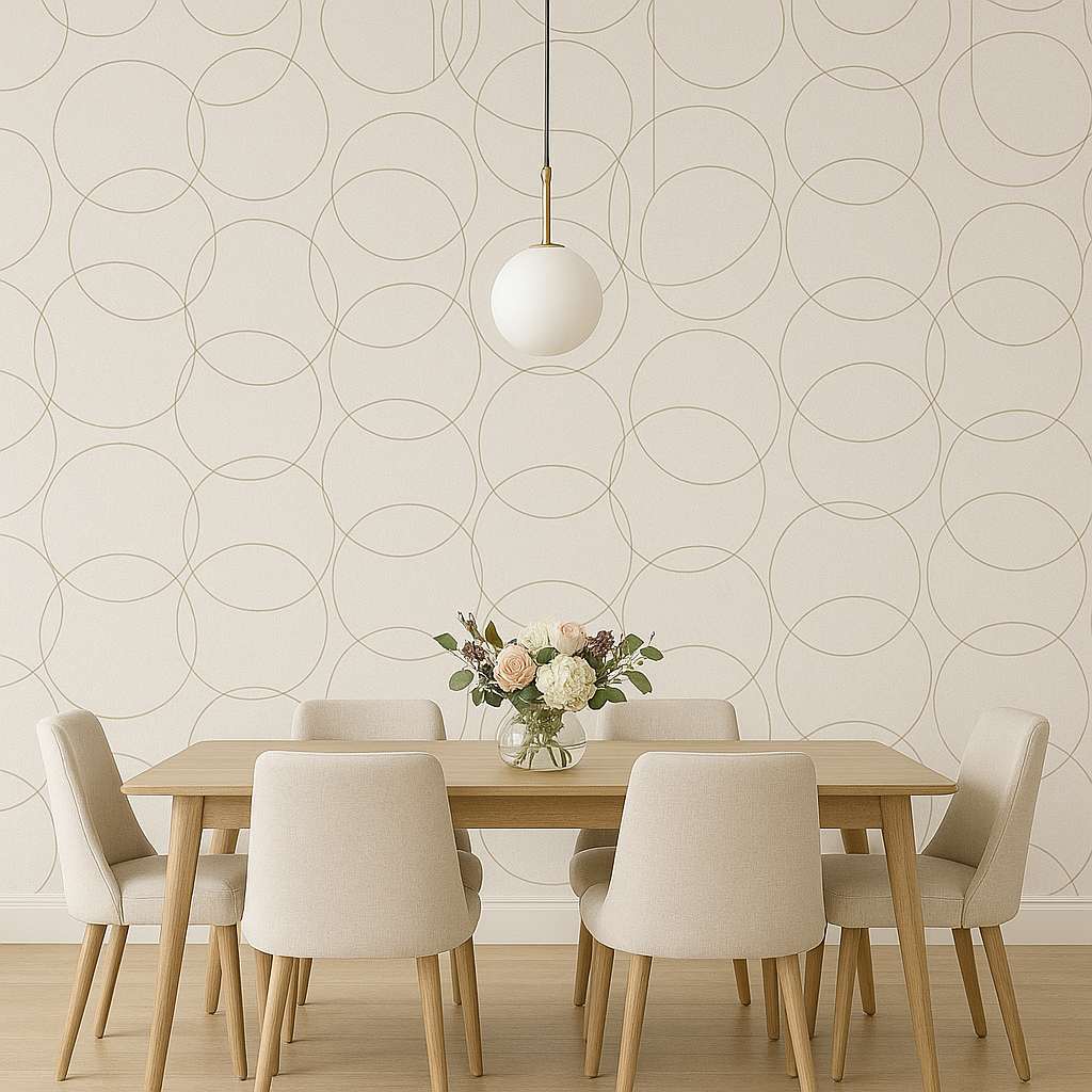 A dining table with chairs and a light bulb with a wallpaper accent wall.