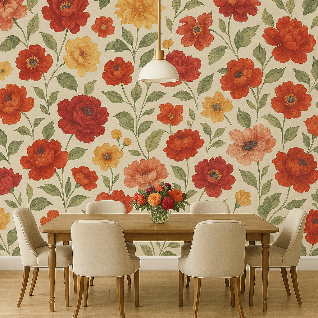 A dining table with chairs and a vase of flowers on a wallpaper accent wall.