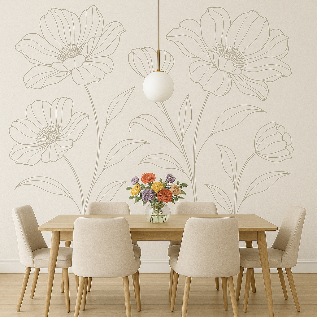 A dining table with chairs and a vase of flowers with a wallpaper accent wall.