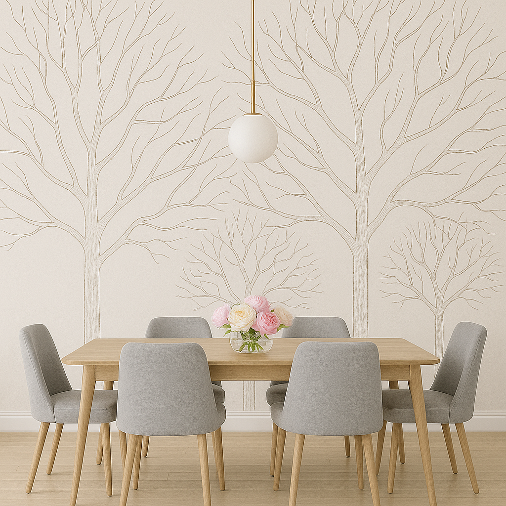 A dining table with grey chairs and a light bulb from the ceiling with a wallpaper accent wall.