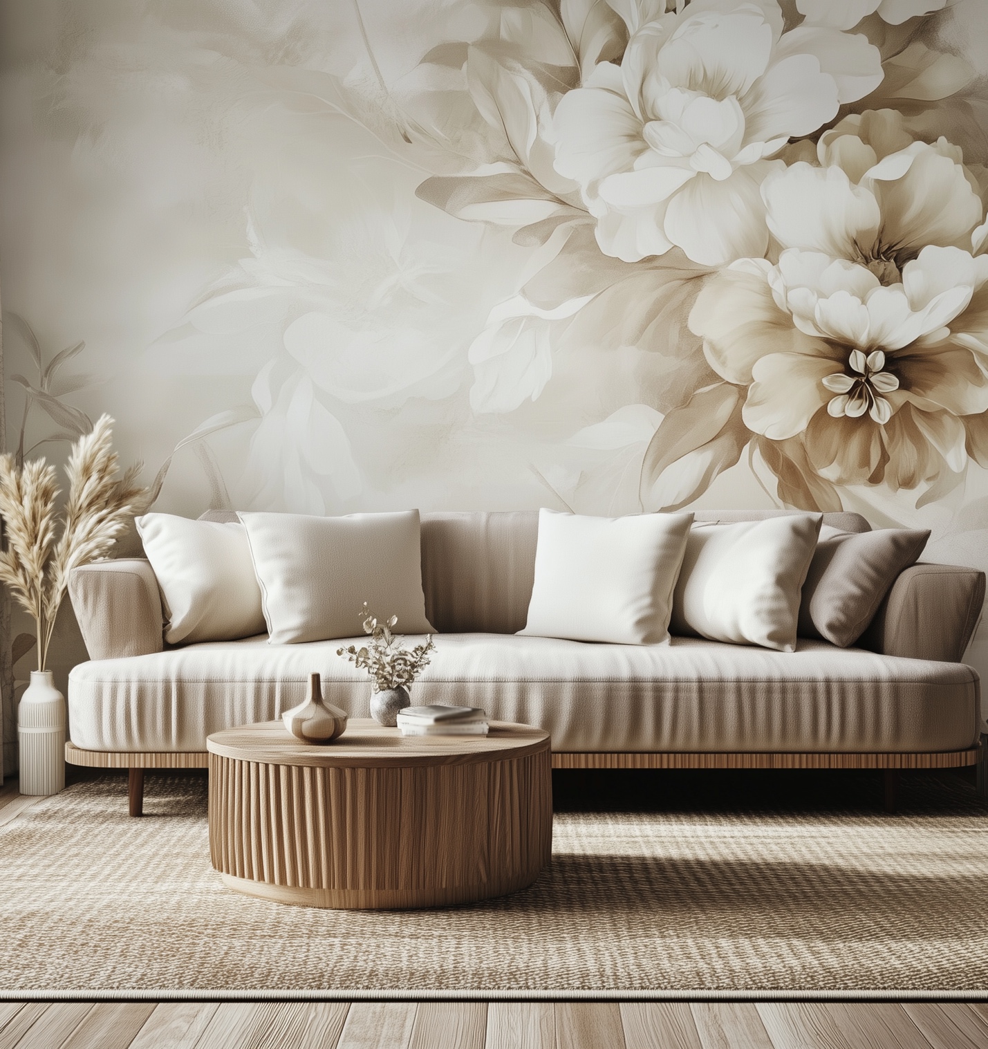 A living room with a couch and a coffee table with a wallpaper accent wall