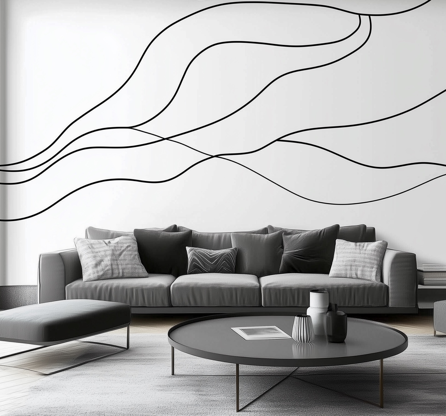 A living room with a couch and a coffee table with a wallpaper accent wall.