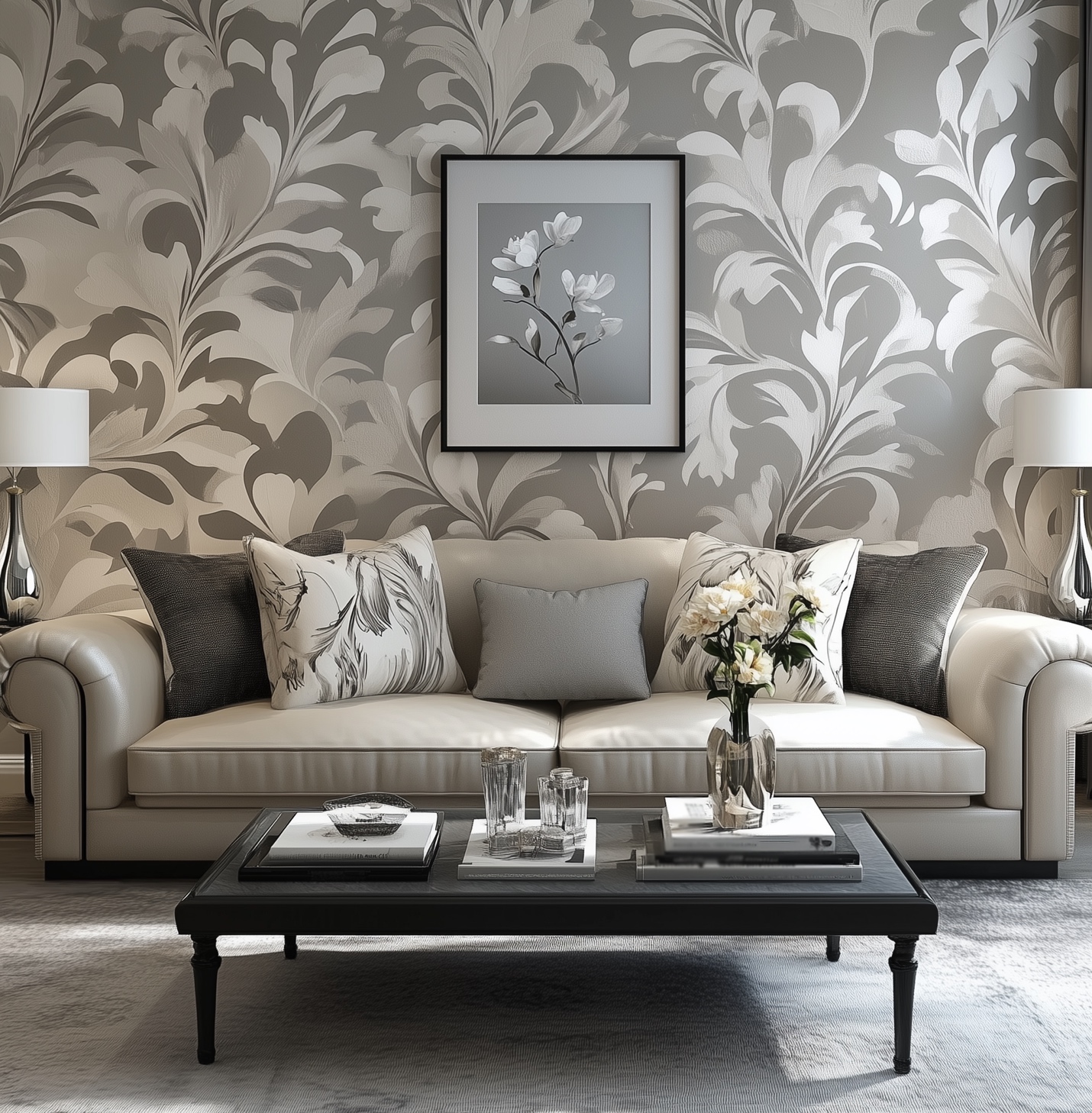 A living room with a couch and a coffee table with a wallpaper accent wall.