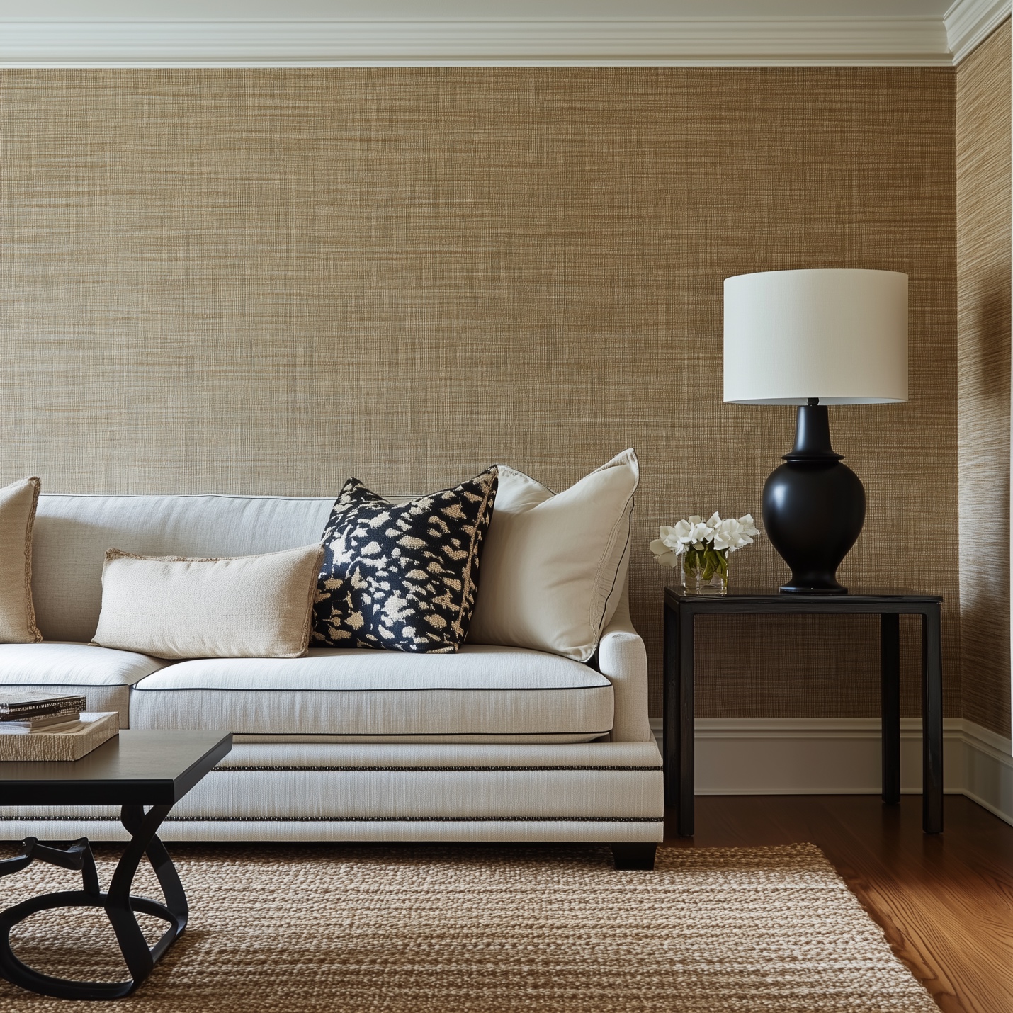 A living room with a white couch and a black lamp with a wallpaper accent wall.
