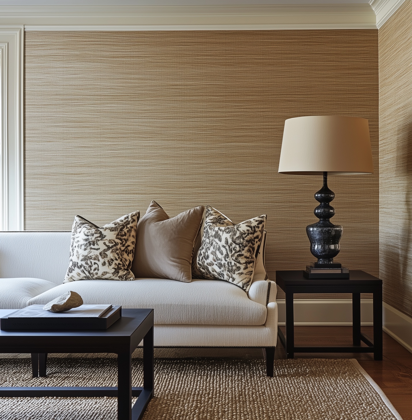 A living room with a white couch and a lamp with a wallpaper accent wall.