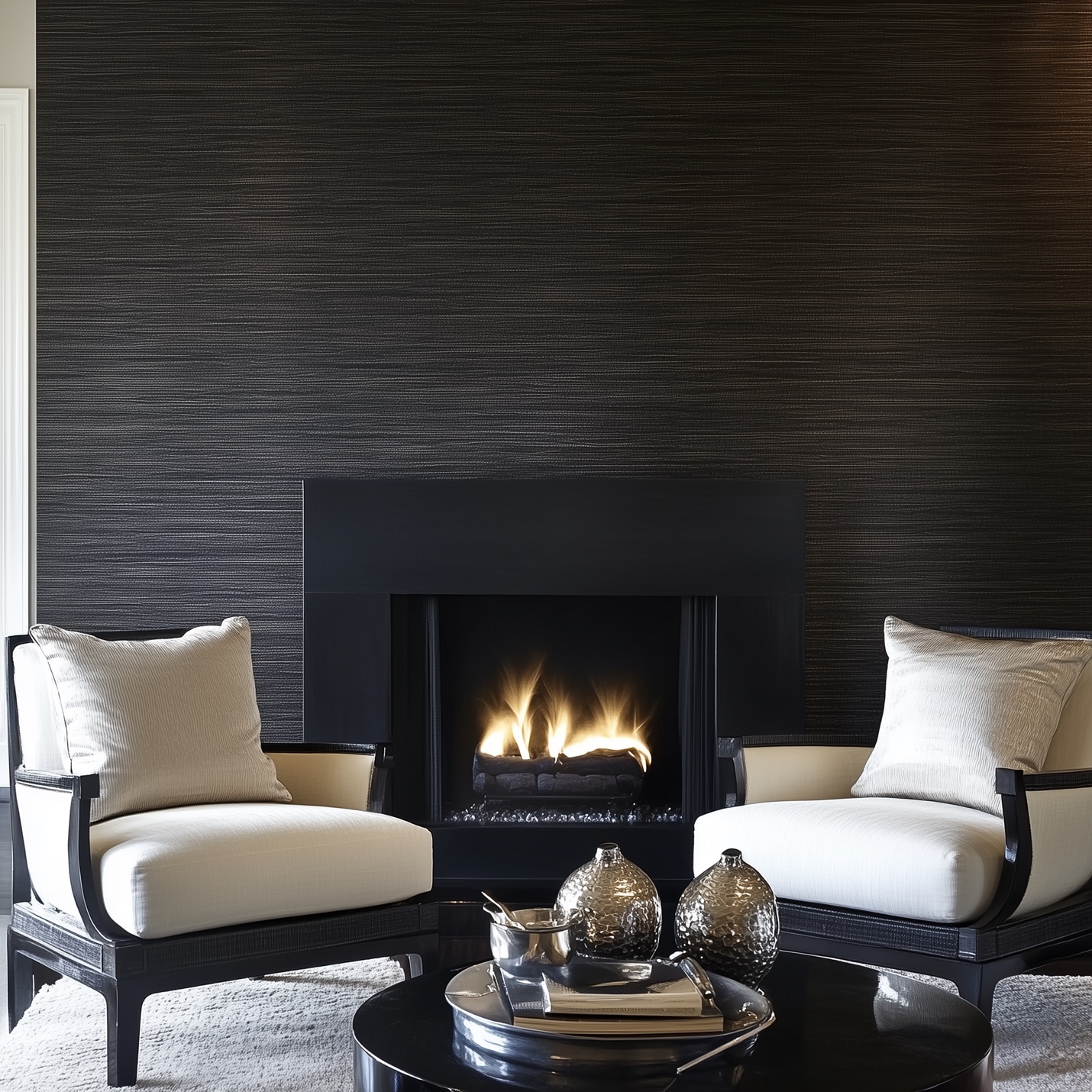 A room with a fireplace and white chairs with a wallpaper accent wall.