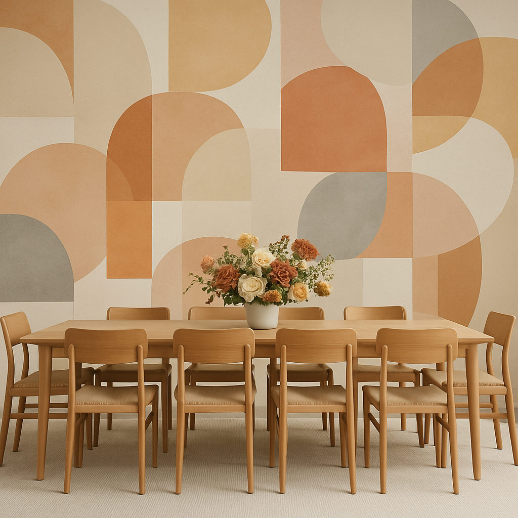 A table and chairs in a room with a wallpaper accent wall.