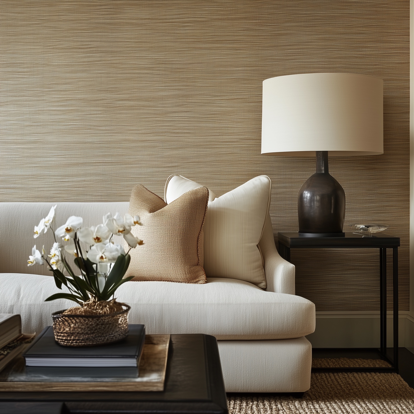 A white couch with a lamp on the side table with a wallpaper accent wall.