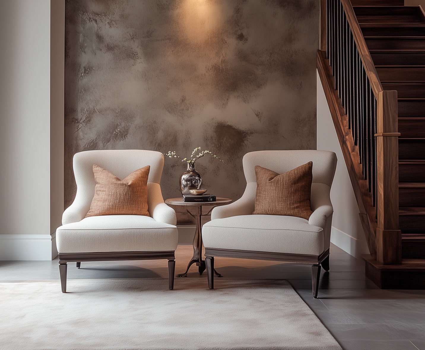 Two chairs in a room with a wallpaper accent wall.