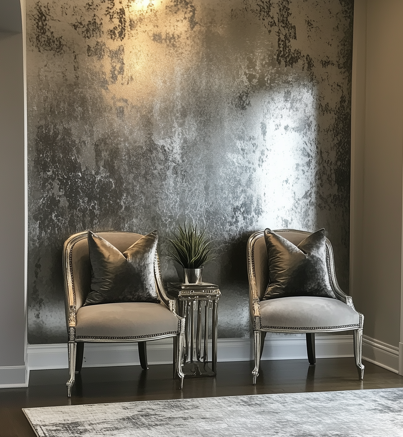 Two chairs next to a table with a wallpaper accent wall