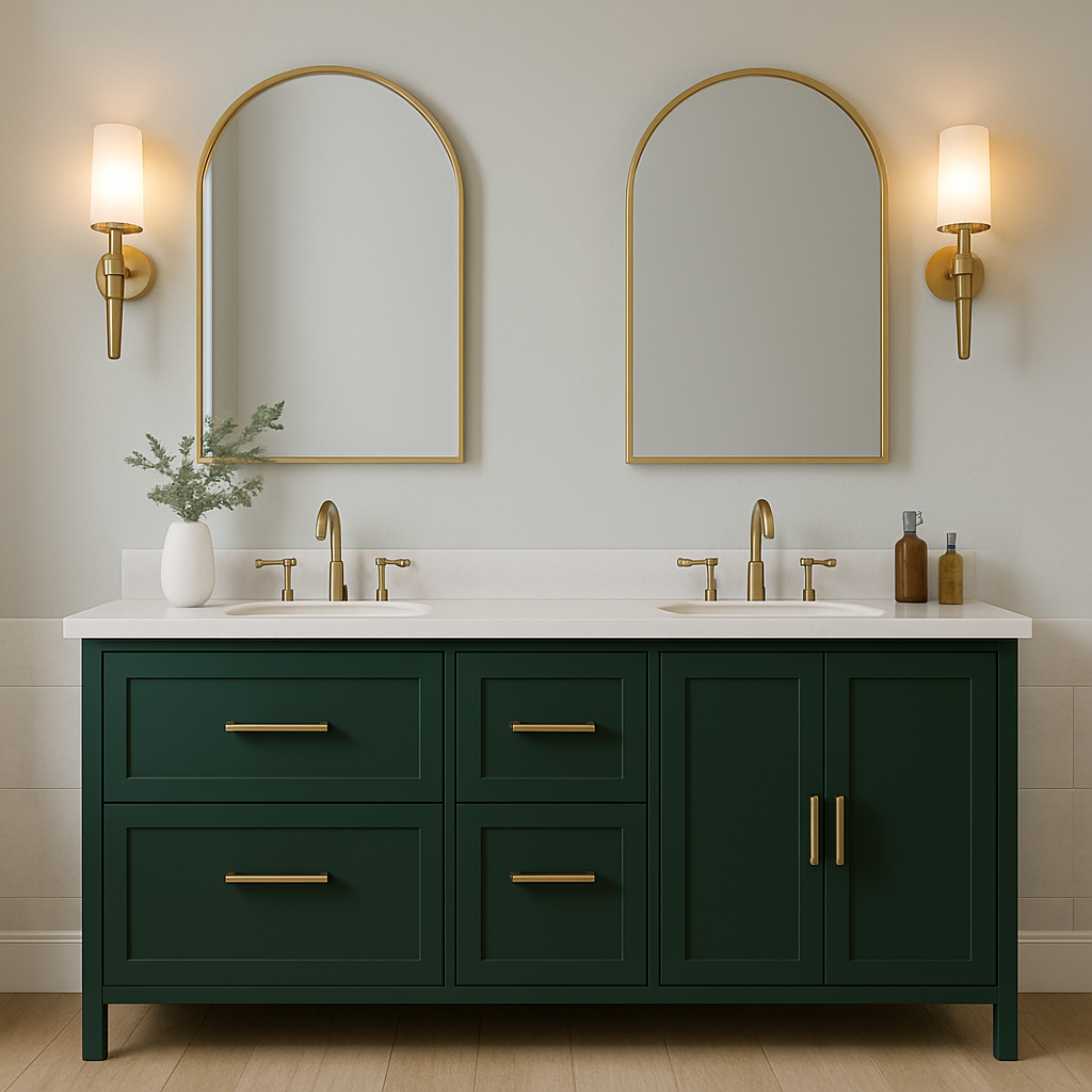 A bathroom with a green vanity and two mirrors