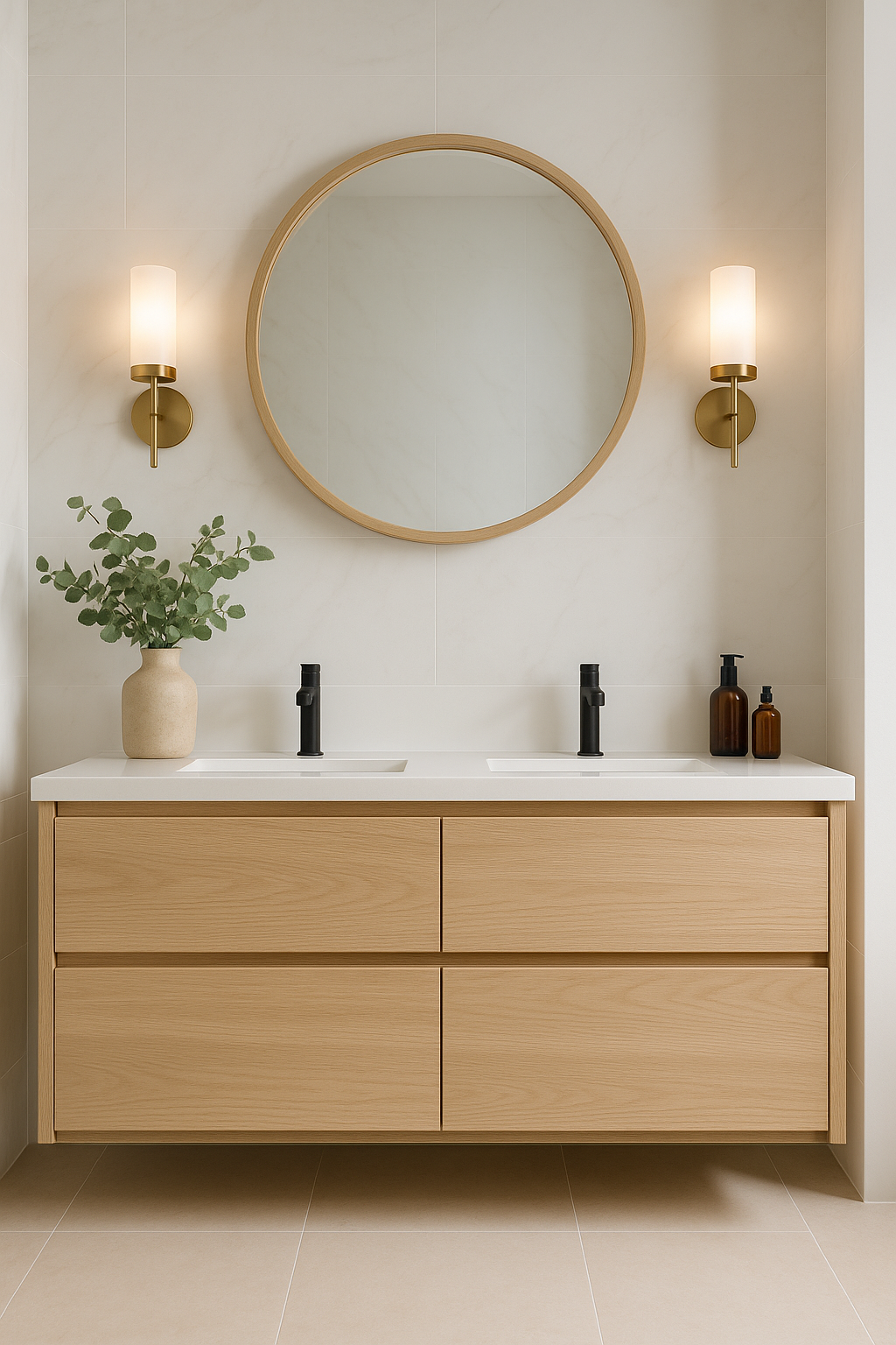 A bathroom with a mirror and a plant