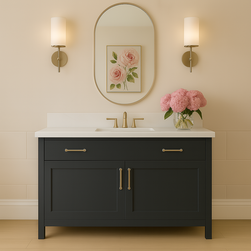 A bathroom with a mirror and a sink