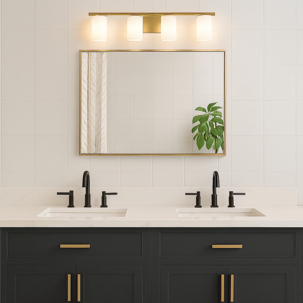A bathroom with a mirror and sink