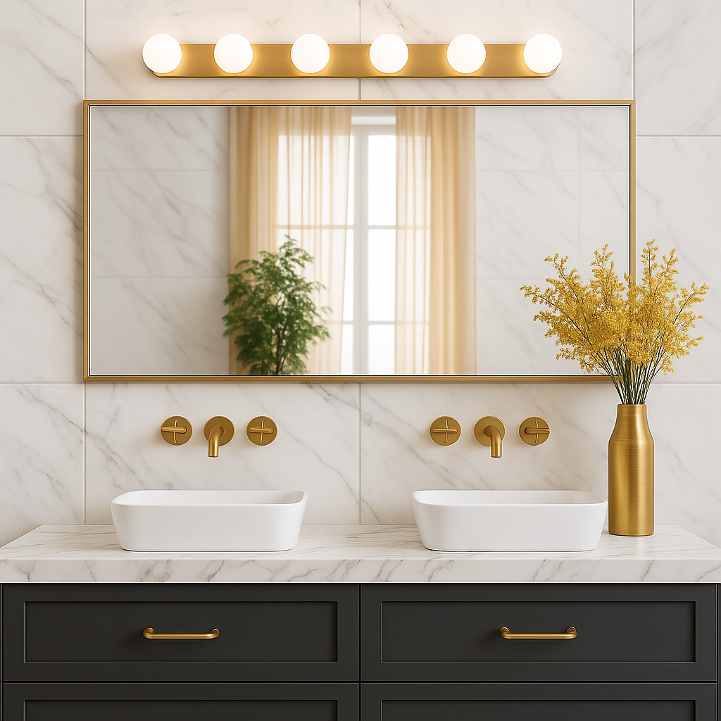 A bathroom with a mirror and sinks