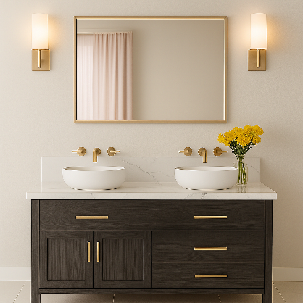 A bathroom with a mirror and sinks