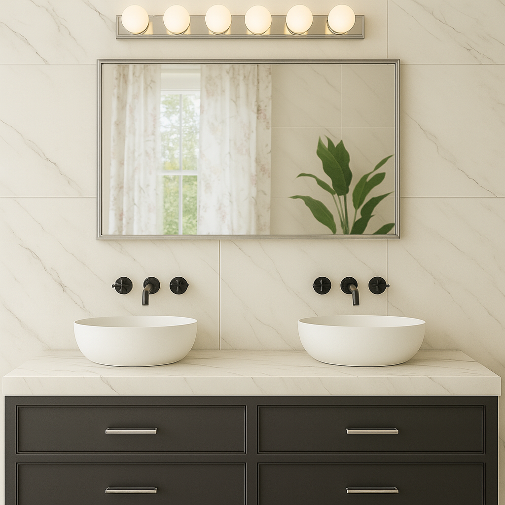 A bathroom with a mirror and sinks
