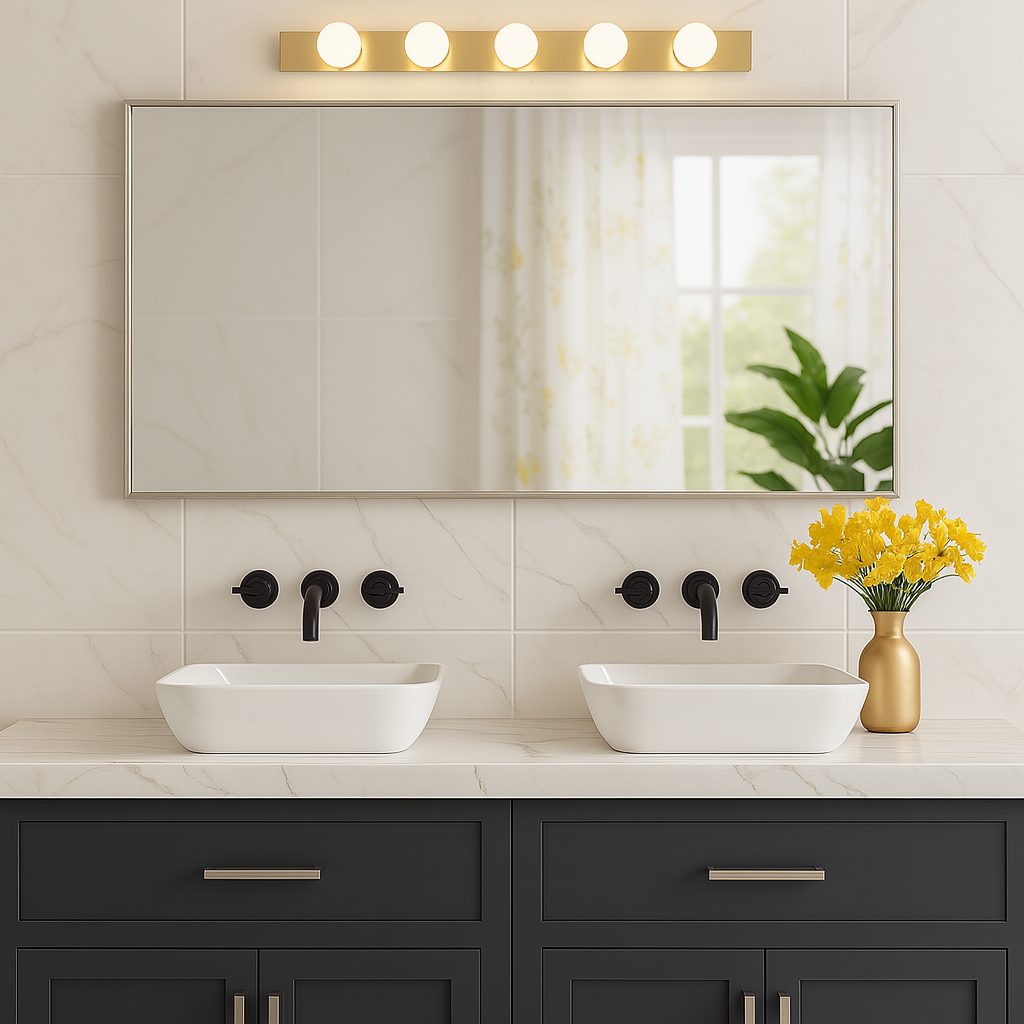 A bathroom with a mirror and sinks