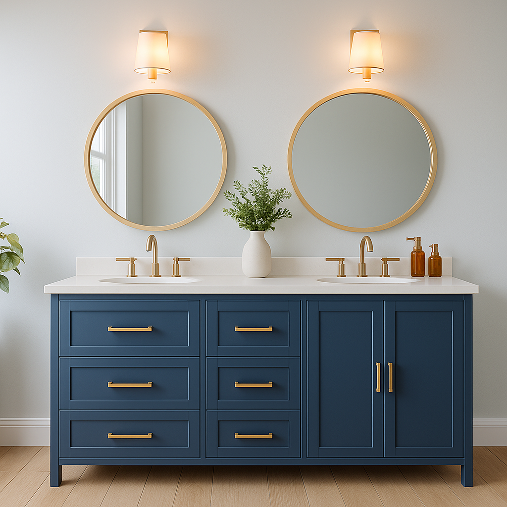 A bathroom with blue cabinets and mirrors AI-generated content may be incorrect.