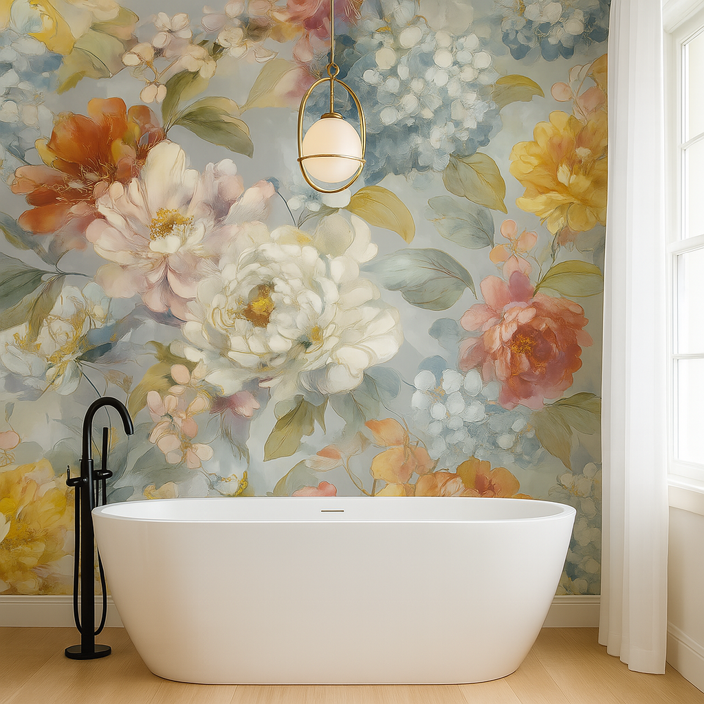 A bathtub in a room with a floral wallpaper