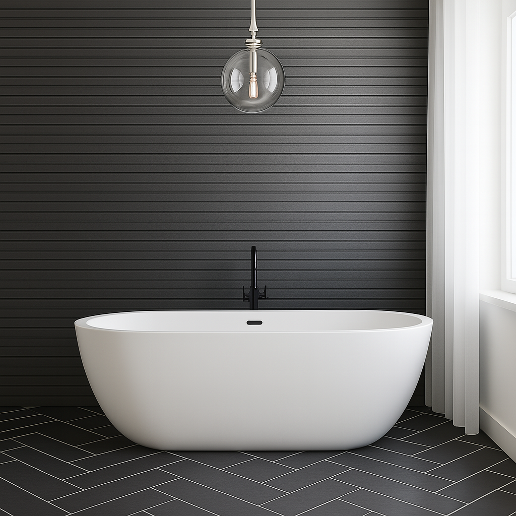 A white bathtub in a bathroom
