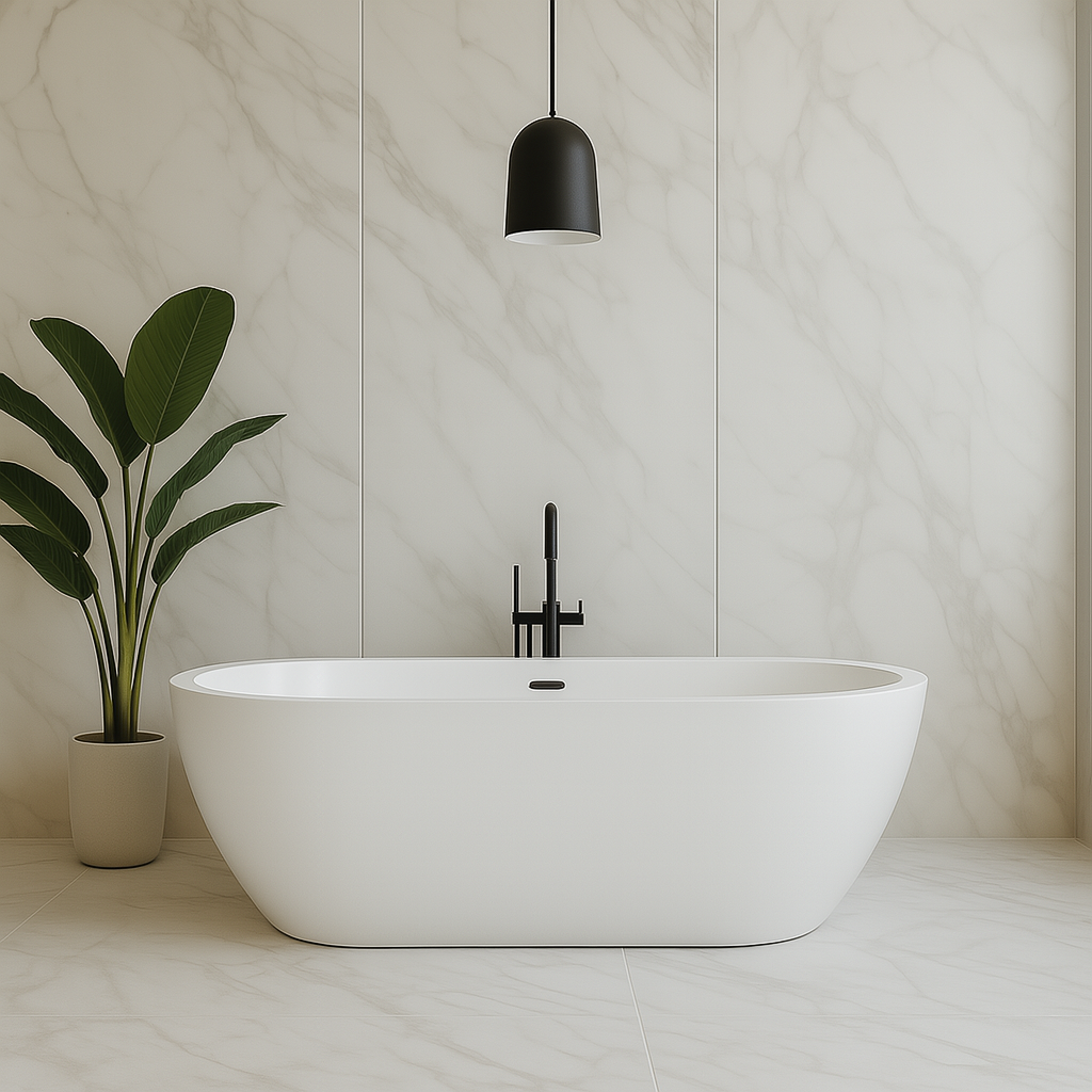 A white bathtub in a bathroom