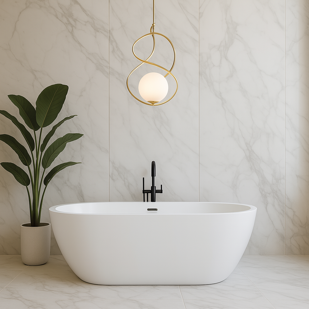 A white bathtub with a gold light from the ceiling