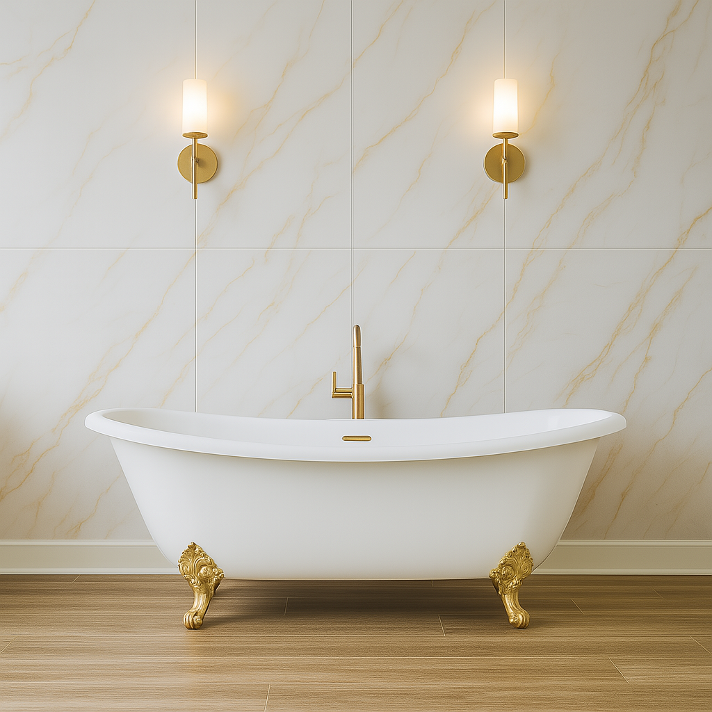 A white bathtub with gold legs and sconces