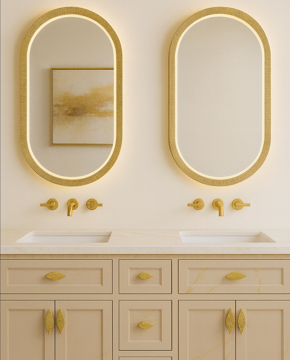 A bathroom with two sinks and mirrors