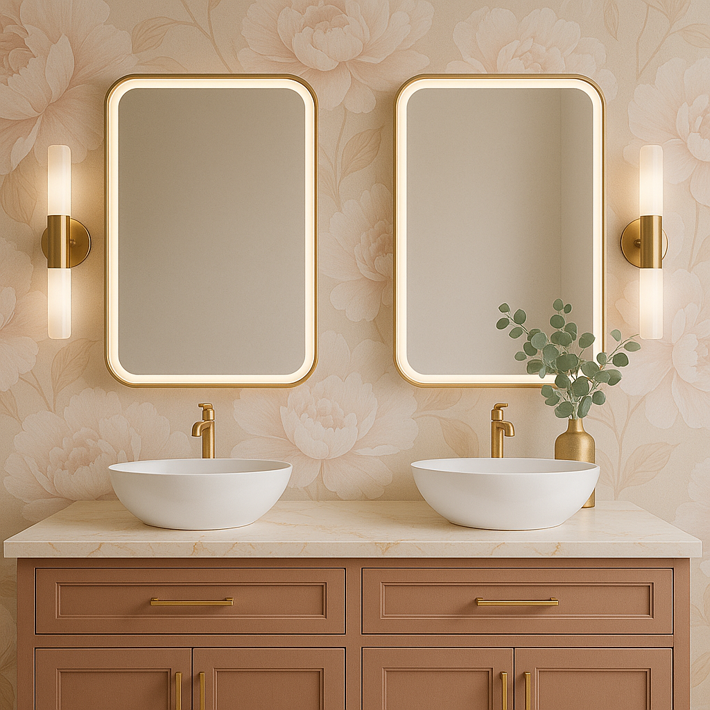 A bathroom with two sinks and mirrors