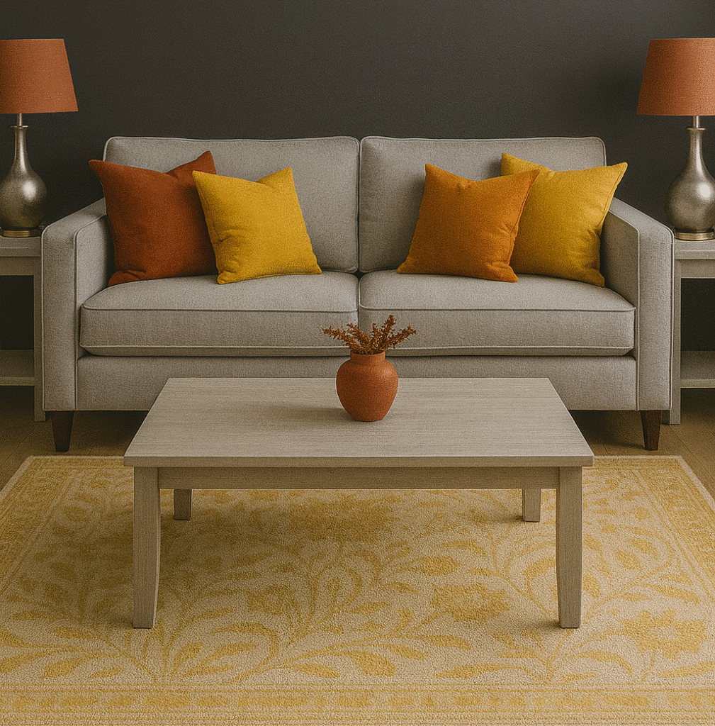 A couch with orange pillows and a vase on a table