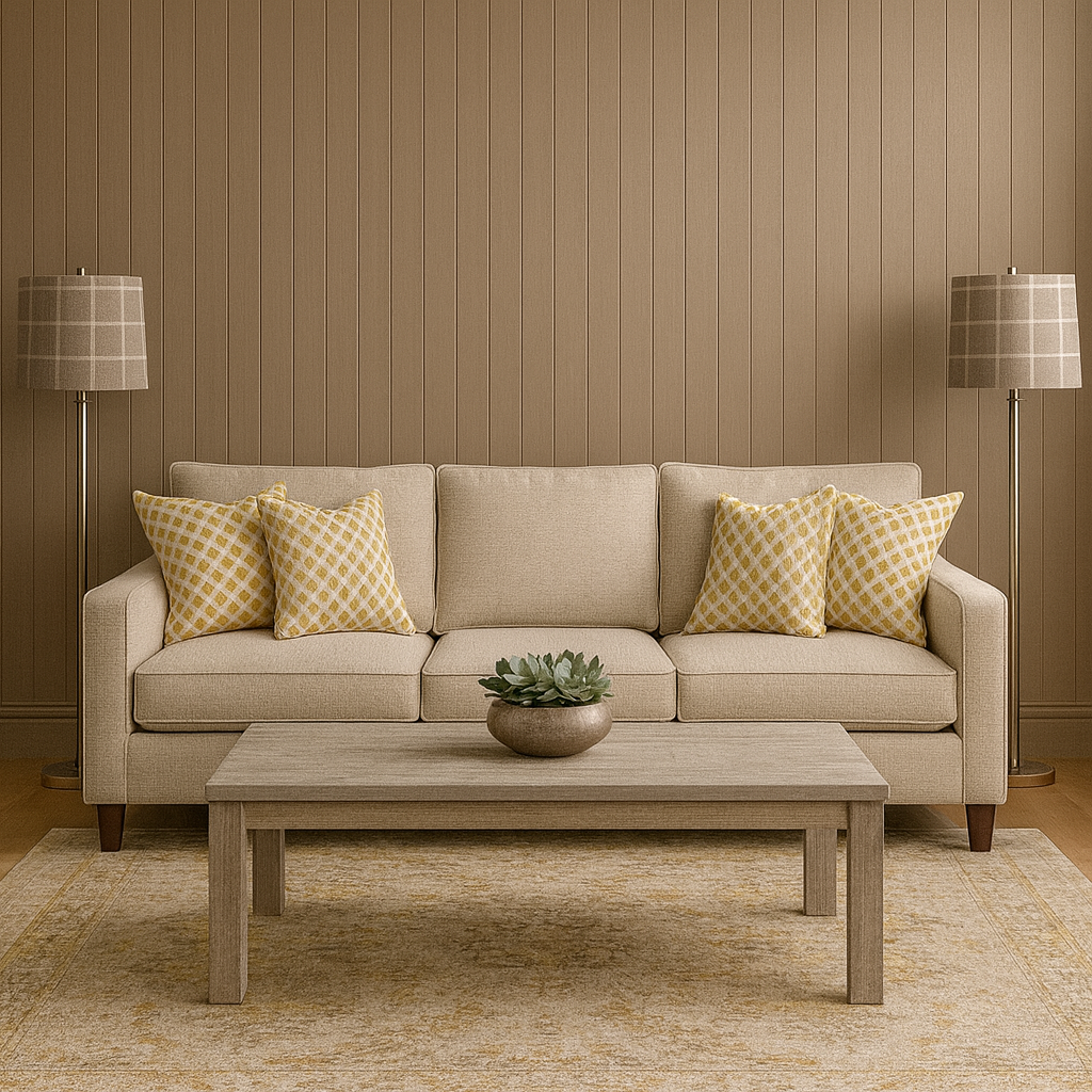 A couch with pillows in a room