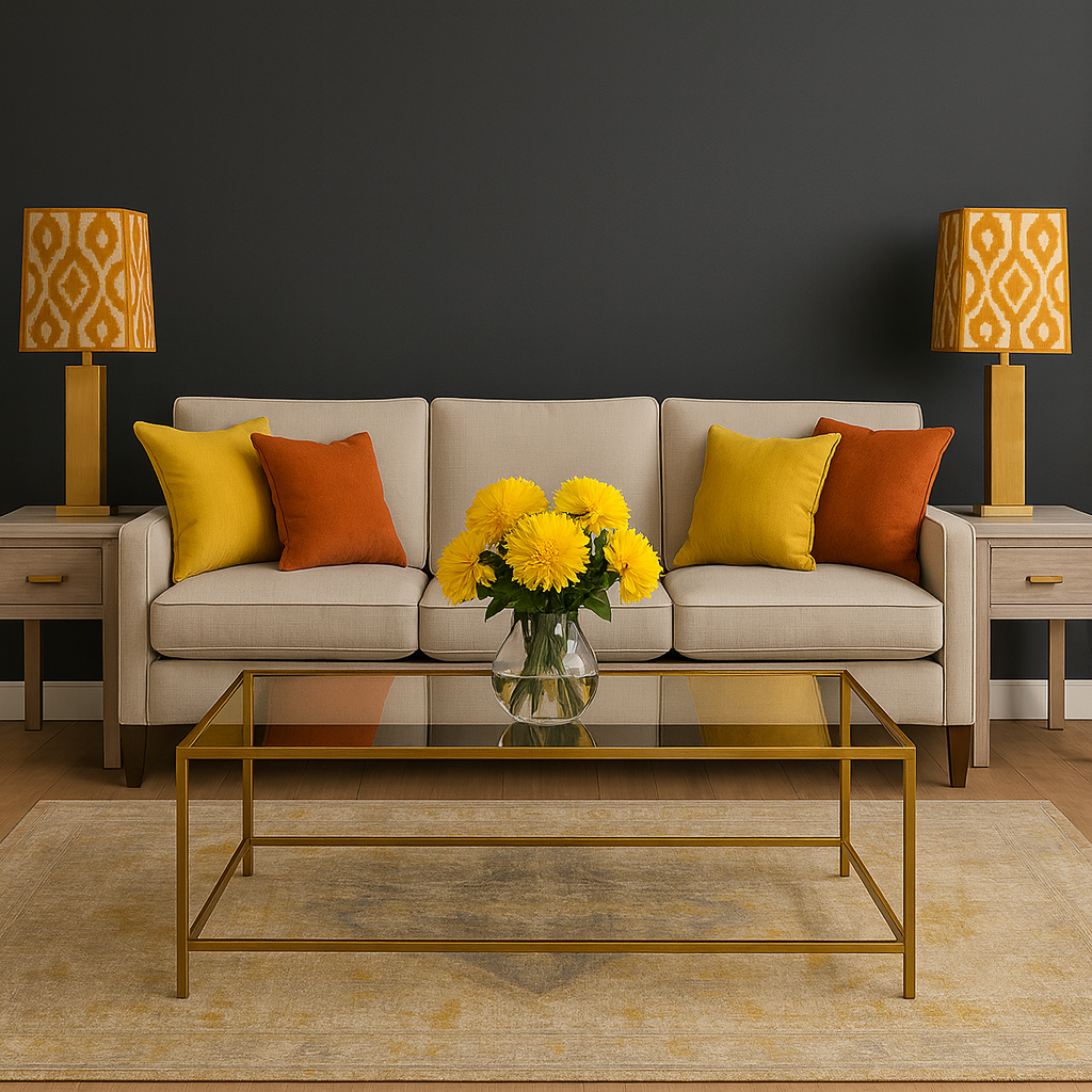 A couch with yellow and orange pillows in a room with a black wall 