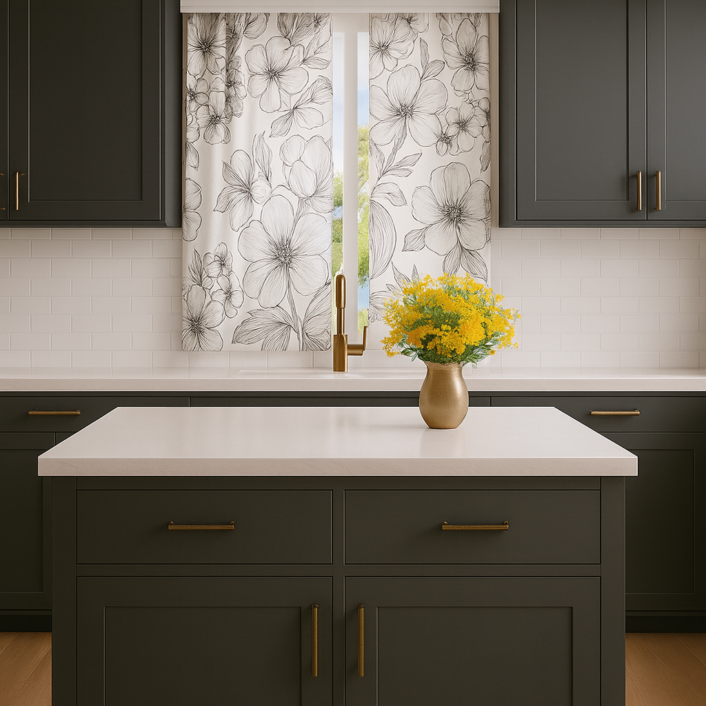 A matte black deep charcoal island with lower cabinets.