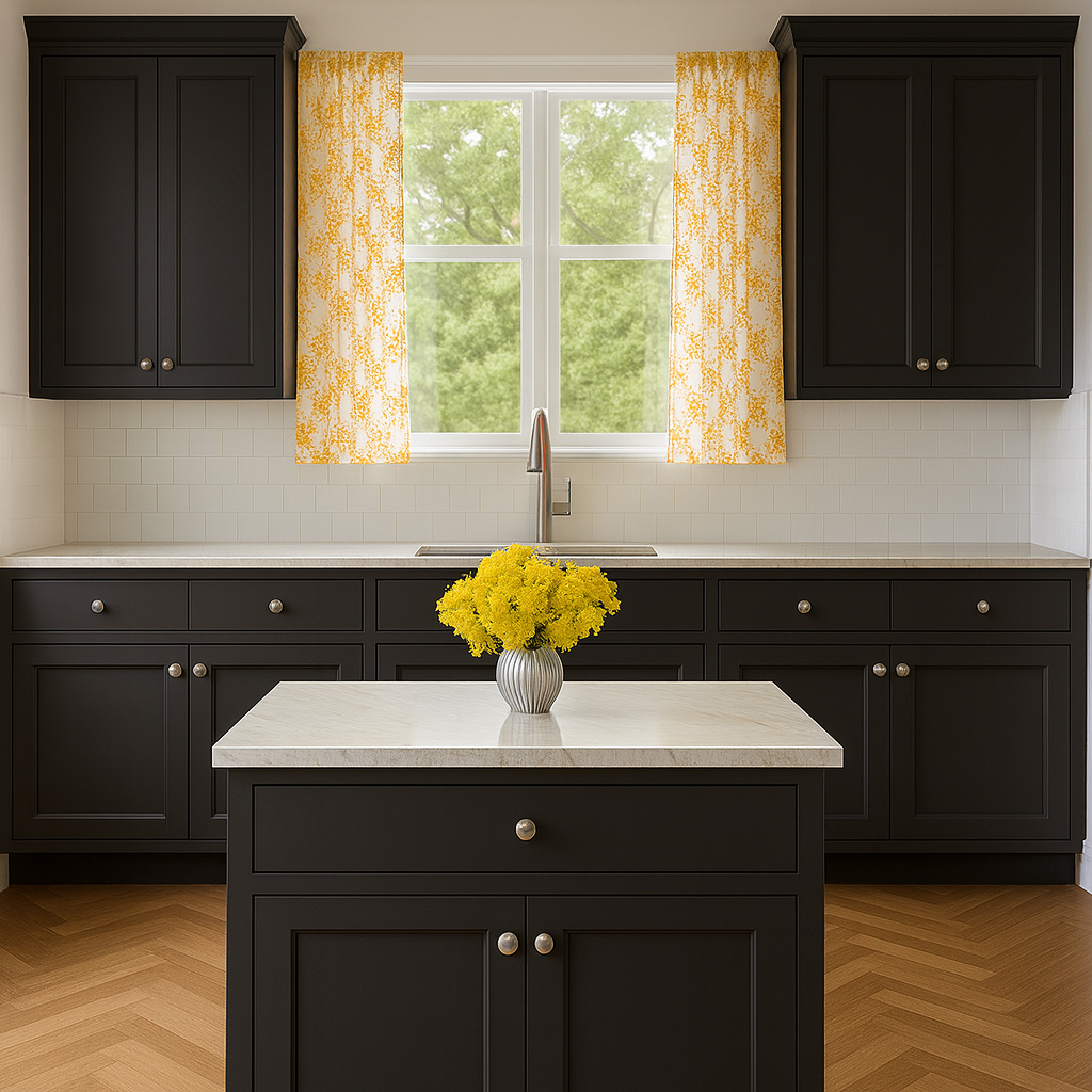 A kitchen with black cabinets and yellow curtains are the latest paint color remodel trends.